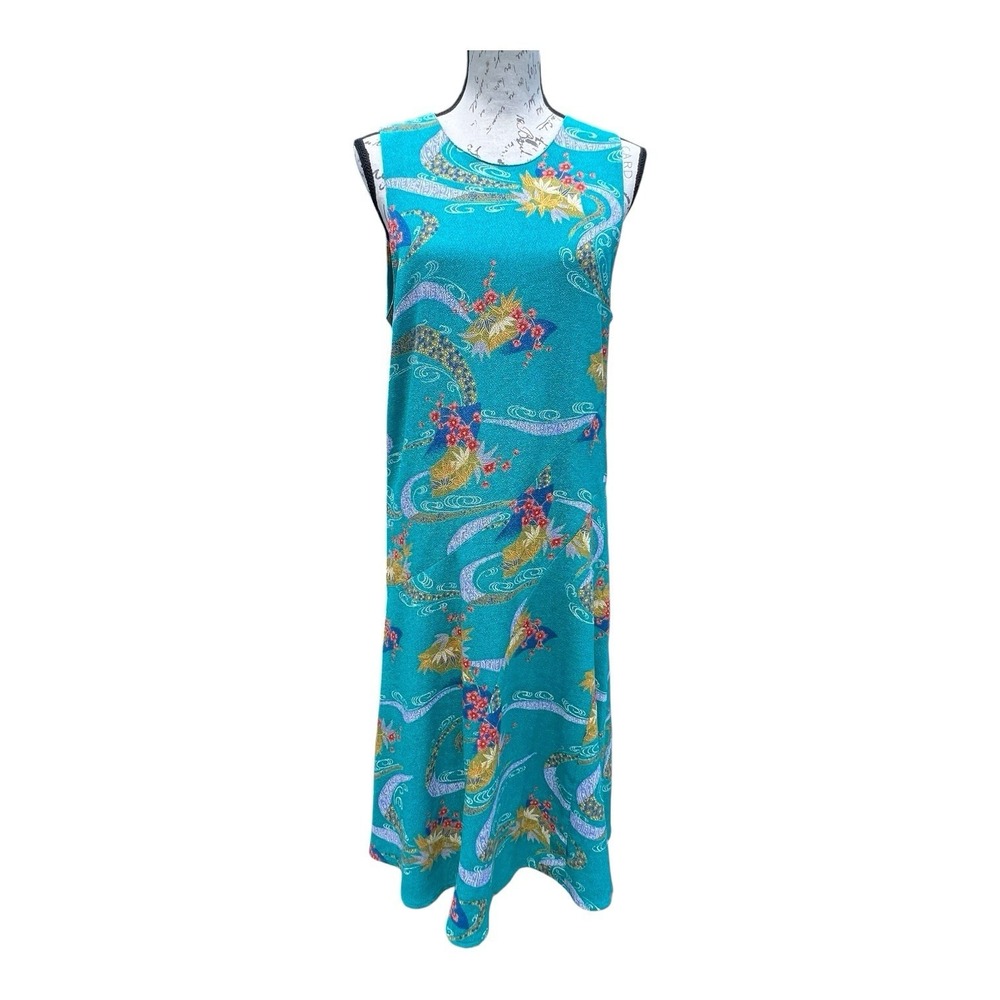 VTG Hitoshi Tamura Hand-Dyed Crepe Shift Midi Dress‎ M Aqua Japanese Floral READ